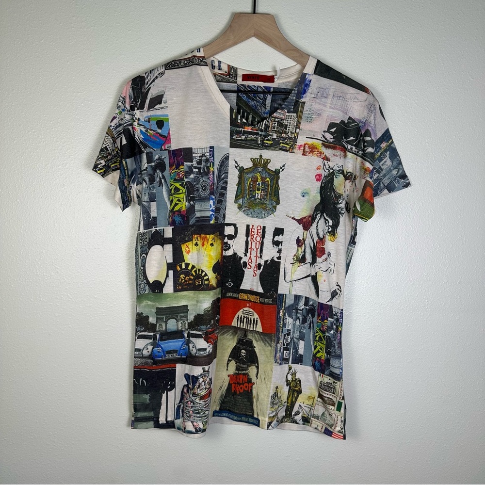 VENTO Y2K Men's L European Streetwear Hipster Graphic Blocked V-neck T-shirt